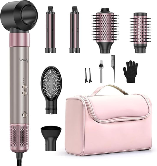 Vincofy 7-in-1 Hair Dryer Brush Blow Dryer, Hot Air Brush Styler with Travel Bag– Fast Drying, Curling, Straightening & Volumizing – 1500W High-Speed Motor 110,000 RPM – All Hair Types – Pink