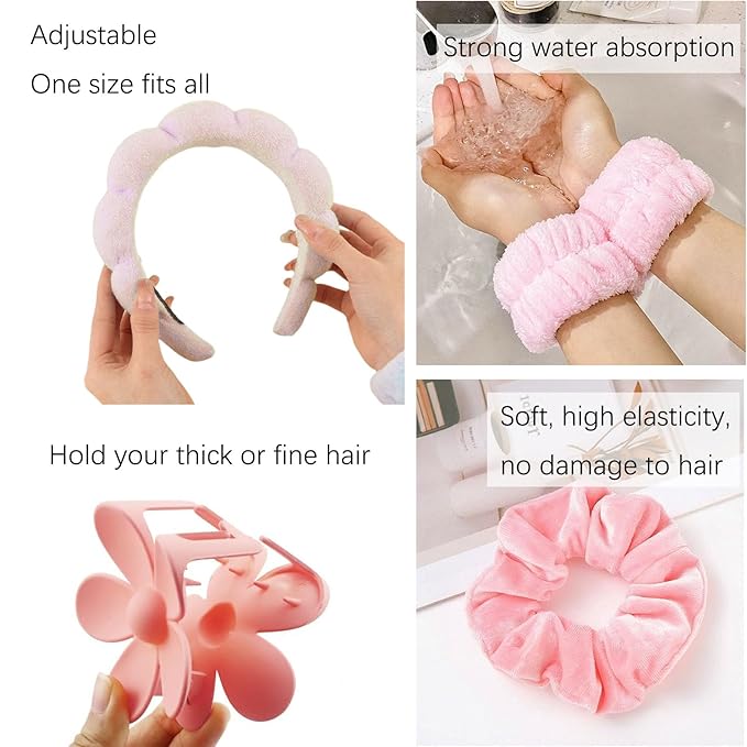 BluOcnMkt 6PCS Skincare Headbands for Women Pink Spa Makeup Headband Set, Large Flower Hair Clip, Velvet Elastic Hair Scrunchies