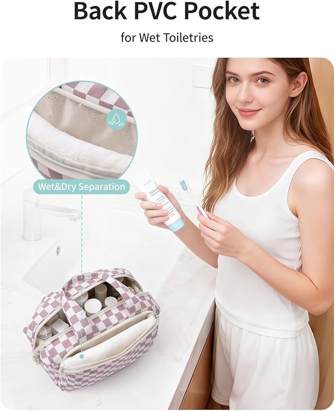 Narwey Travel Toiletry Bag, Wide-open Large Toiletry Bags for Traveling Women, Checkered Travel Bag for Toiletries Cosmetic Makeup Bag Organizer, Skincare Make Up Bag (Dusty Pink Checkerboard)