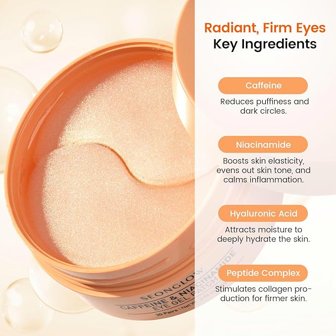 SEONGLOW Caffeine Under Eye Patches: 30 Pairs Korean Hydrogel Eye Masks for Dark Circles Puffiness Relief with Niacinamide Hyaluronic Acid - Undereye Brightening Hydrating Anti-Wrinkle Treatment