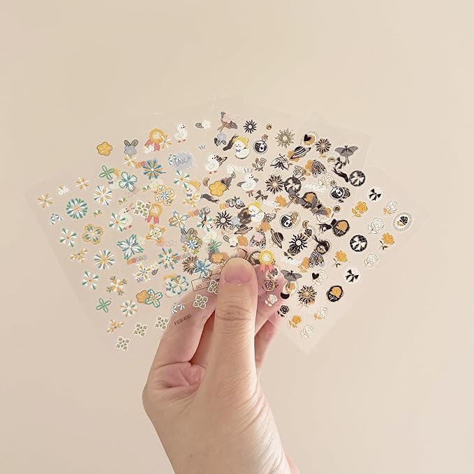 4-Sheet 3D Nail Art Stickers Set – Cute Ducks, Bohemian Patterns, Celestial Magic & Elegant Camellias – 160-200 Pre-Cut Self-Adhesive Nail Decals for DIY & Salon Manicures