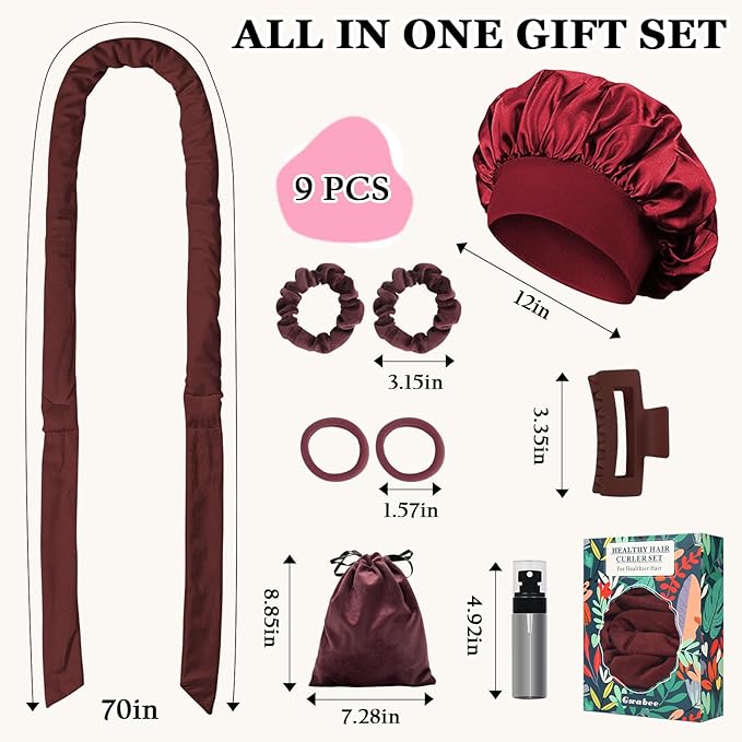 Gwabee No Heat Overnight Hair Curlers - 70" Soft Ribbon Curl Wrap with 9 Curling Rods, Headband for Long Hair Rollers - Burgundy