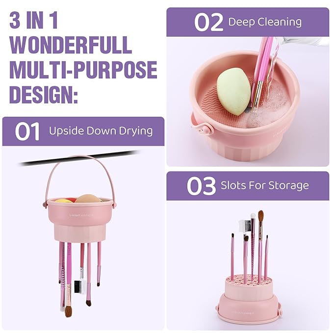 GOLIKEE 2 Pack Makeup Brush Cleaner Mat 3 in 1 Silicone Makeup Brush Cleaner Makeup Brush Cleaning Bowl Makeup Brush Sponge Scrubber Tool for Cleaning, Storage And Upside Down Drying(Two Khkai)