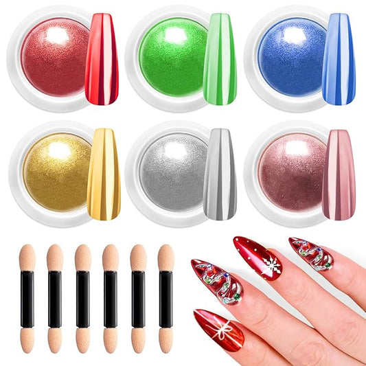 BISHENGYF Gold Chrome Nail Powder - 6 Colors Christmas Red Green Blue Silver Nail Chrome Powder, Sparkly Holographic Chrome POwder for Nails Mirror Effect Glitter Pigment Dust - Christmas Nail Design