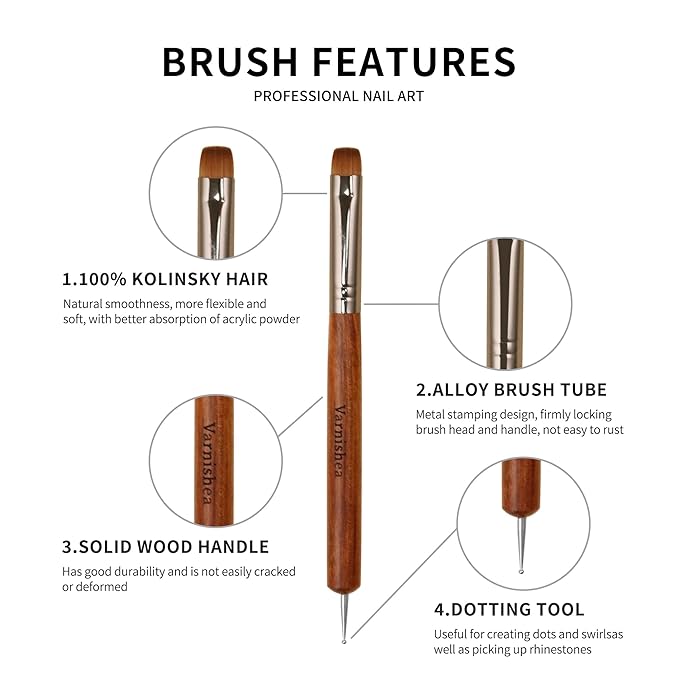 varnishea 100% Pure Kolinsky Hair French Tip Nail Art Brush Sandalwood Handle Gel Acrylic Nail Dotting Tool for Manicure Clean Up and Dotting Manicure Tool Professional Nail Brush - Size 10, 1.0 Count