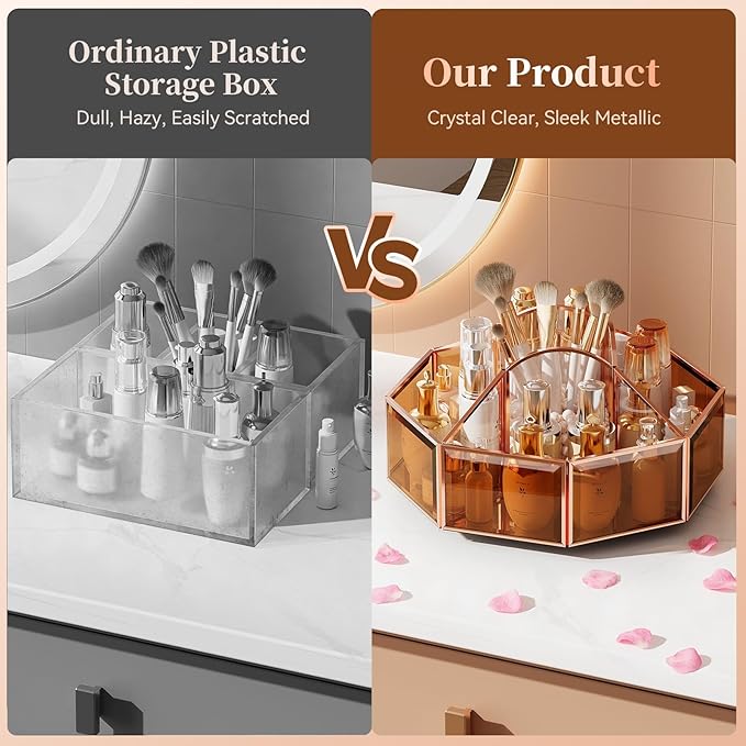 360° Rotating Makeup Organizer Spinning Vanity Organizer with Makeup Brush Holder for Countertop, Bathroom Storage, Skincare, Perfume & Cosmetic Organizer for Vanity Amber