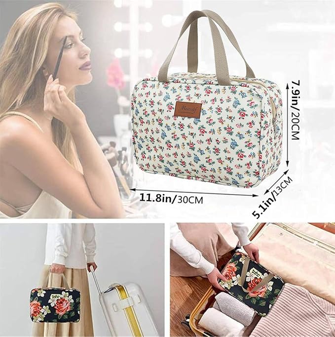 Hjkiopc Large Makeup Bag Toiletry Bag for Women Make Up Bag Cosmetic Bag Toiletries Bag Brush Bags for Traveling (Little Flower Beige)