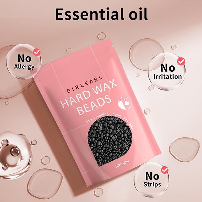 GIRLEARLE Hard Wax Beads, 1lb Wax Beans for Hair Removal, Hard Wax for Sensitive Skin at Home, Wax Refill Perfect for Legs, Facial, Brazilian Bikini, Eyebrow and Full Body for Women and Men (Black)