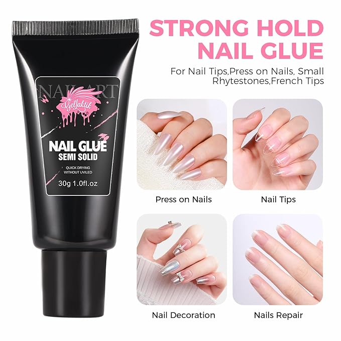 30ML Strong Nail Glue for Press On Nail Tips, Glue Gel for False Nails Fake Acrylic Nail, Upgraded Quick Drying, No Lamp Needed, Long Lasting