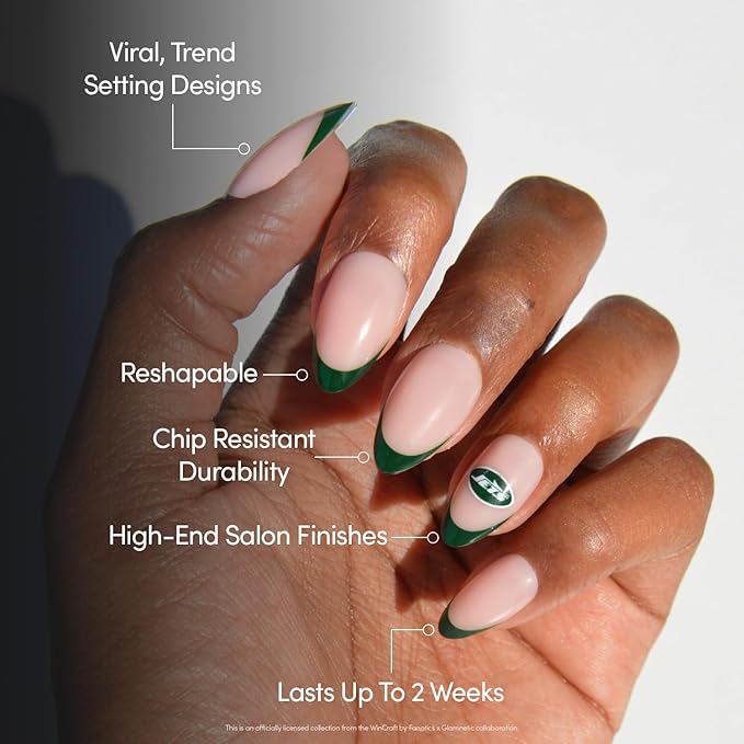 Glamnetic x Fanatics Press On Nails - New York Jets | Short Almond Fake Nails, NFL Jets Green French Tips, Football Nails, Salon-Quality | 15 Sizes - 30 Nail Kit with Glue