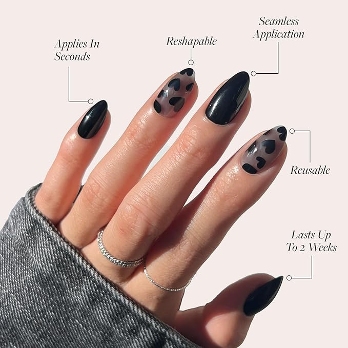 Glamnetic Press On Nails - Love Me Not | Opaque, Semi-transparent, Glossy Black Heart Nails, Salon Quality | 15 Sizes - 30 Nail Kit with Glue