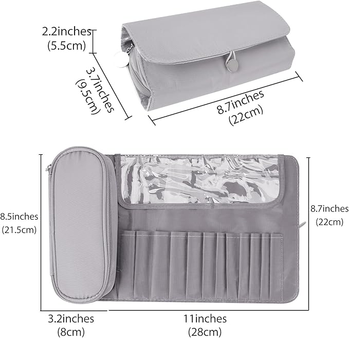 LUEXBOX Portable Folding Makeup Brush Bag, Multifunctional Cosmetics Rolling Storage Case Makeup Brush Holder for Travel, Makeup Brush Organizer Bag (Grey)
