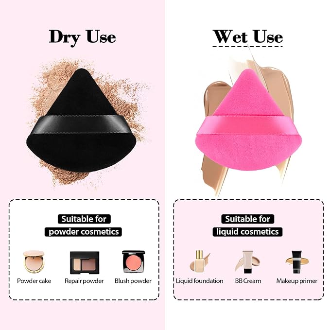 RAREIUS 8pcs Triangular Powder Puff Face Soft Velvet Makeup Puff for Loose Powder Body Powder Makeup Sponge for Contouring Wet Dry Foundation Blender Sponge Beauty Makeup Tool.(Black&Rose Red)