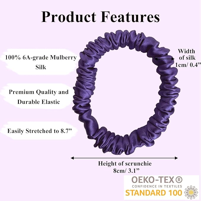 VLOMOT 3 Pcs Set 100% Pure Mulberry Silk Hair Scrunchies Hair Ties with 3 Chic Colors Everyday Skinny Scrunchies Silk Ponytail Holders Hair Care No Damage (Purple)