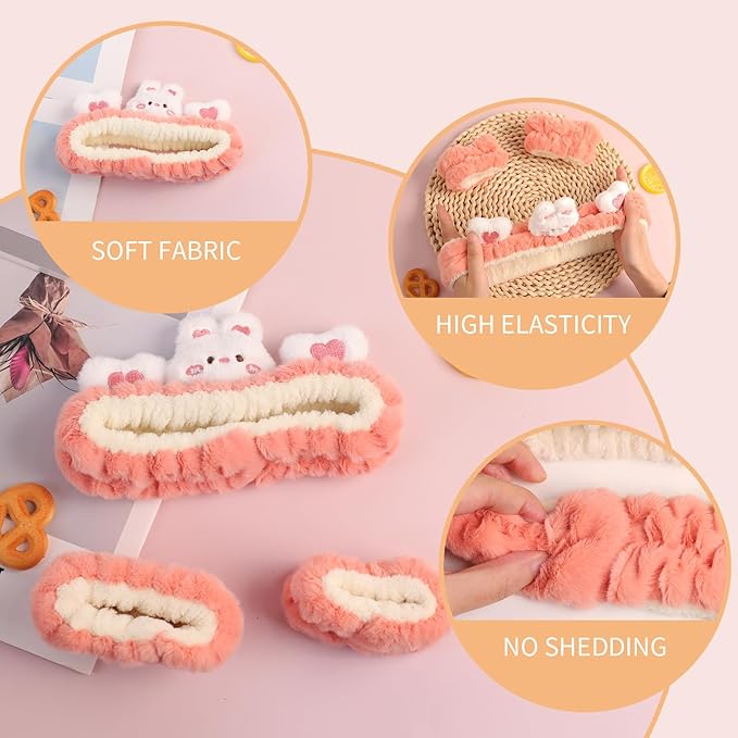 PERFECTSIGHT Kawaii Headband for Spa, Makeup, Washing Face, Party - 2 Pack Cute Hair and Wrist Band for Shower Beauty Skincare, Soft Facial Headbands for Girls and Women, Coral Rabbit