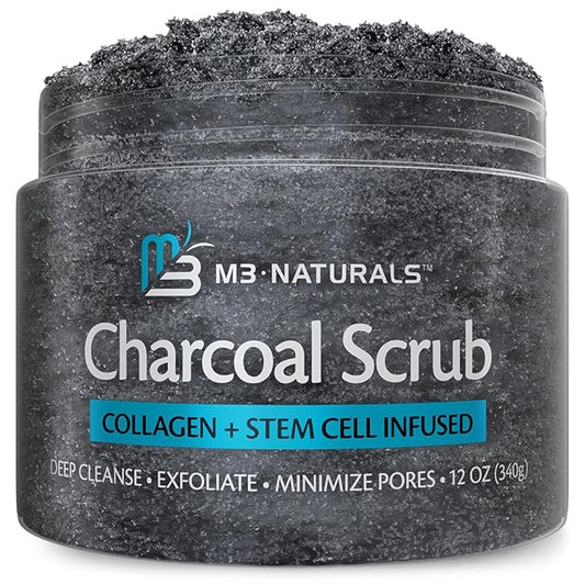 Exfoliating Charcoal Scrub with Collagen & Stem Cells – Salt Scrub for Body Toning, Cellulite, Armpit Detox, and Skin Smoothing for Face, Feet, and Body by M3 Naturals