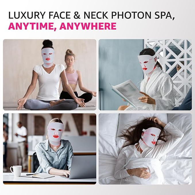 Red Light Therapy Mask for Face and Neck, 7 Colors with NIR Led Face Mask Light Therapy with Eye Protection and Remote, Rechargeable Ergonomic Design for True Anti-Aging Skincare at Home White