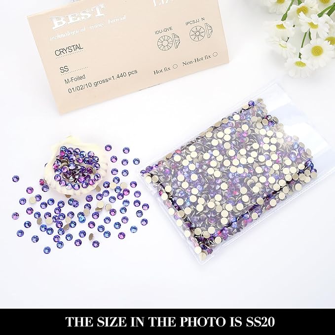 Novani Purple Velvet Rhinestones 1440pcs Flat Back Round Rhinestone Style 2088 Sparkly Crystal Gemstones for Nail Art and Crafting SS20,4.6-4.8mm
