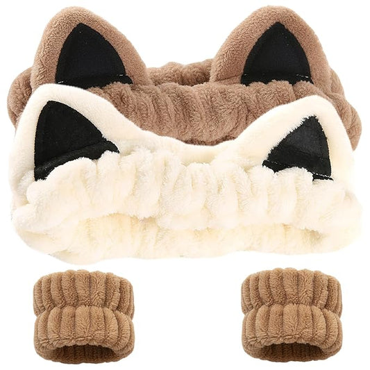 Cat Ears Headband, Cute Spa Headband and Wristband Set Washing Face Skincare Makeup Headbands for Women Girls Trendy Stuff Present Soft Coral Fleece Hair Accessories(1Beige+2Khaki)