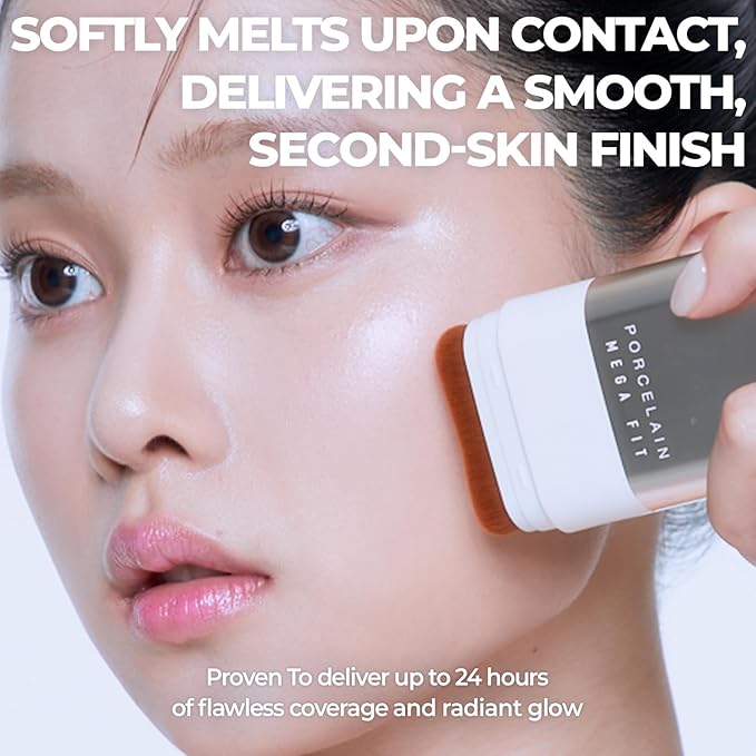 Mega Fit Stick Foundation with Built-in Brush-Full Coverage Creamy Formula for Porcelain Skin Finish, Hydrating&Long Lasting, Master Porcelain, Shade 21, 0.56 oz (01N Beige)