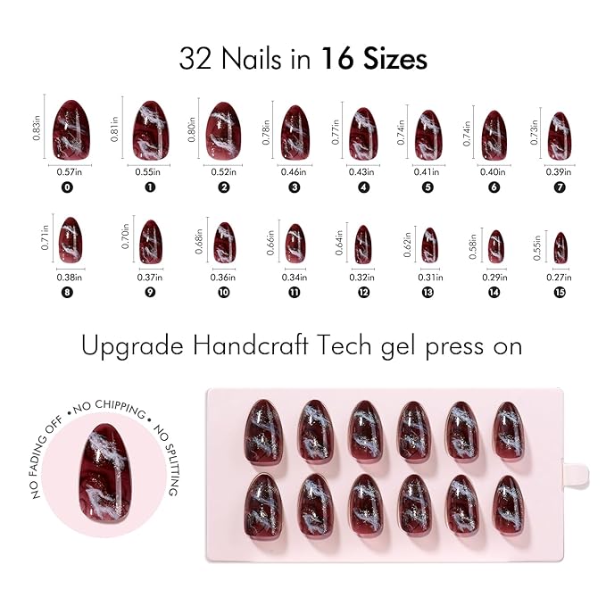 VSALON Press on Nails Short Almond - Brown Marble Glitter Glue On Nails Kit for Women, Reusable Opaque Salon Quality Winter Fake Nails - 32 PCS Stick on Nails in 16 Sizes with Glue & Cuticle Oil