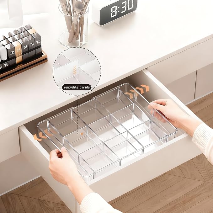 Expandable Desk Drawer Organizer, Acrylic Drawer Organizer Trays with 11 Adjustable Compartments 6 Removable Dividers Desk Accessories for Makeup Utensil Junk Office Kitchen Bathroom ( Clear, 2Pcs )