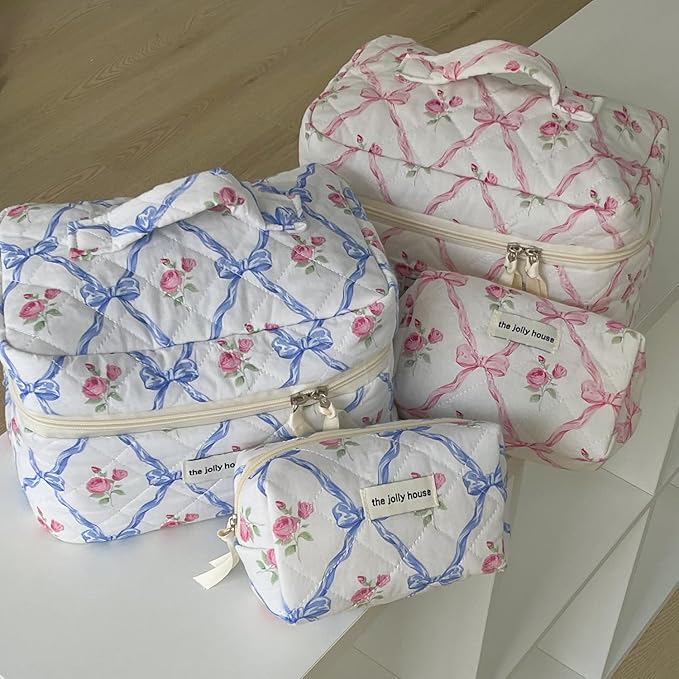 Cute Makeup Bag Aesthetic Floral Quilted Cotton Cosmetic Bag Travel Organizer Toiletry Pouch 3 Pack Set (01Blue Bow)