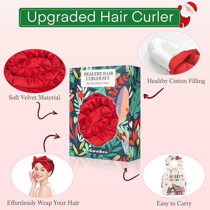 Gwabee 10 PCS Christmas Heatless Curls Overnight Hair Curler, 70" Overnight Curls Hair Curlers to Sleep In with Bonnet for Women Long Hair Volume, Heatless Curling DIY Set - Red