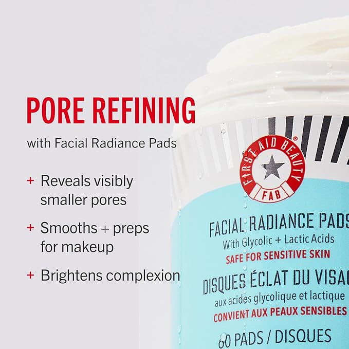 First Aid Beauty - Facial Radiance Pads with Glycolic & Lactic Acids, Daily Exfoliating Pads with AHA, Visibly Smaller Pores, Help Tone & Brighten Skin, One-Step Makeup Prep, Compostable, 28, 3ct