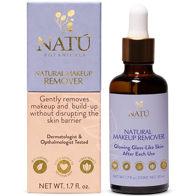 NATÚ BOTANICALS Natural Makeup Remover Oil – Non-Greasy Gentle Cleanser, Lip & Eye Makeup Remover - Nourishing & Hydrating Cleansing Oil for Face Leaving Skin Soft & Radiant - Clean & Natural