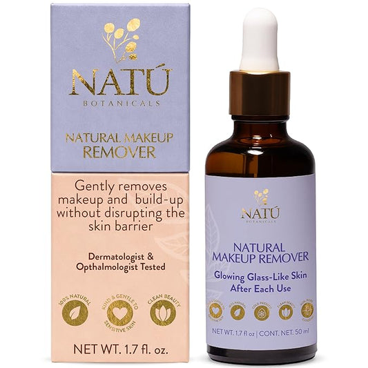 NATÚ BOTANICALS Natural Makeup Remover Oil – Non-Greasy Gentle Cleanser, Lip & Eye Makeup Remover - Nourishing & Hydrating Cleansing Oil for Face Leaving Skin Soft & Radiant - Clean & Natural