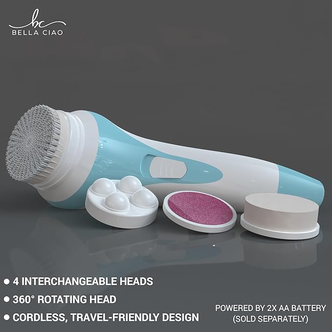 Bella Ciao 5-Piece Facial Cleansing Brush Set, Exfoliating, Massaging, and Cleansing Kit, Includes Cordless Tool, Exfoliator Head, Face Massager, Latex Sponge, and Nylon Brush, Batteries Not Included