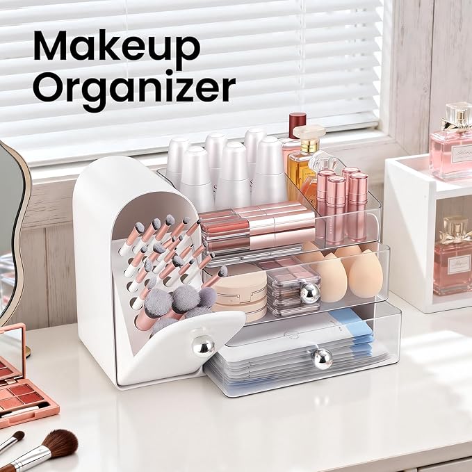 Makeup Organizer,Vanity Organizer with Makeup Brush Holder,Large Skincare Organizers and Bathroom Countertop Organizer,Storage Lipstick,Perfume,Nail Polish,Beauty,Hair Accessories,Gifts for Women