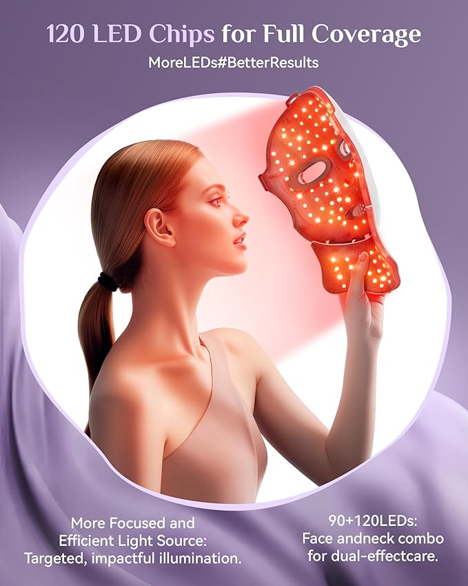 LED Light Therapy Mask Skin Care Mask, LED Red 630±5nm & NIR 830nm Wavelength for Home Use(silver)