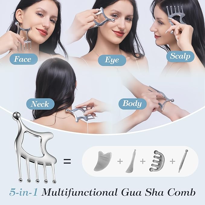 Gua Sha Tool with Handle,5in1 Scalp Massage Tool for Head&Face&Body, Protable Scalp Comb Guasha Tool for Deep Relaxation and Relieving Fatigue & Pain, Acupressure and Trigger Point Tool for SPA