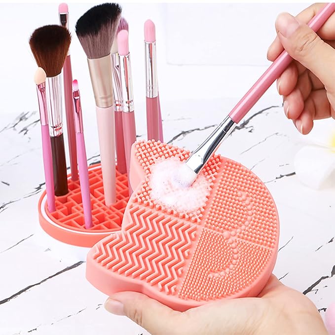 Silicon Makeup Brush Cleaner Mat with Portable Cat Shaped Cosmetic Brush Cleaner Pad - Pink