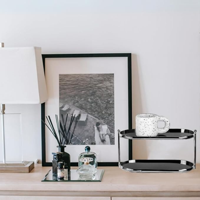 2 Tier Metal Frame Perfume Organizer in black - morden, stylish, minimalist tiered tray for Watch, Jewelry, Brooch Skincare, - Elegant Countertop Display Shelf for Dresser, Vanity, Bathroom