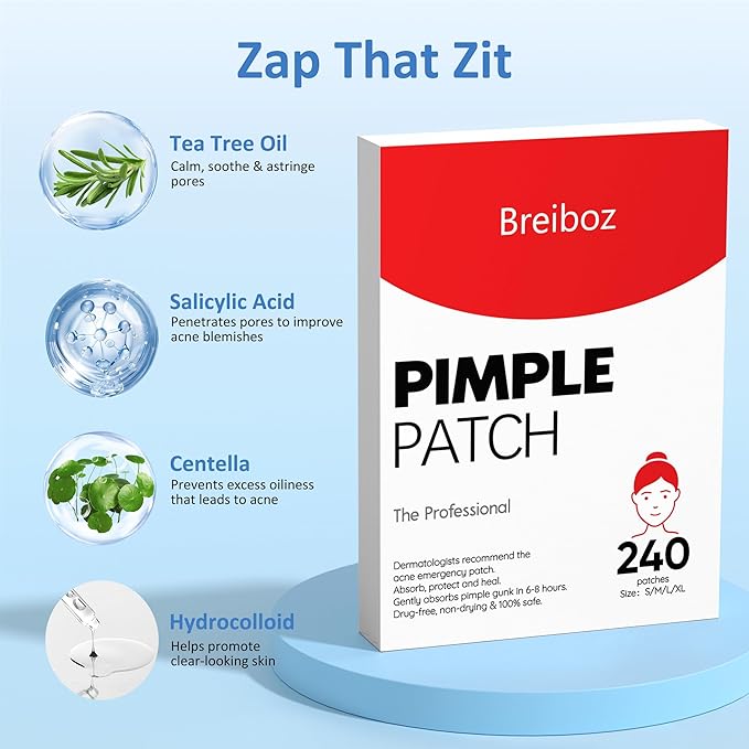 Breiboz Pimple Patches for Face, Skincare Hydrocolloid Acne Pimple Patch Invisible Zit Covers with Tea Tree, Salicylic Acid & Cica Oil | 4 Size 240 Counts
