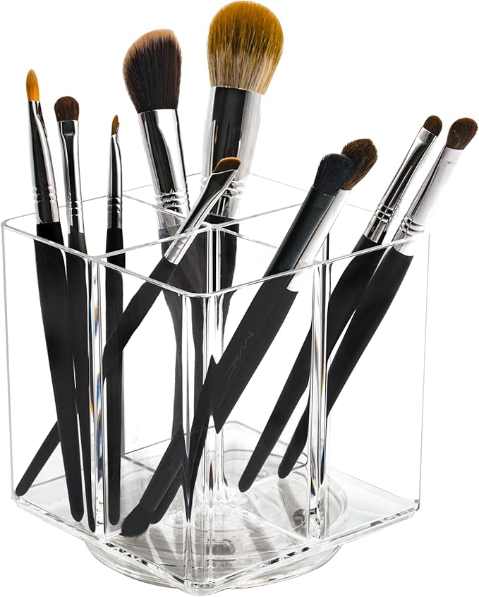 LiveGlow Clear Makeup Brush Holder,Acrylic Rotating 360°Makeup Brush Organizer,Pen holder with 4 Grids,Makeup Holder for Courtup,Containers for Desk,1pc