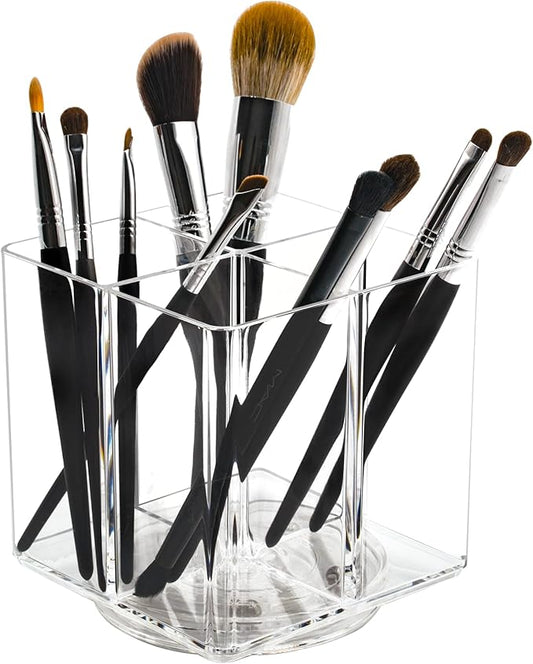 LiveGlow Clear Makeup Brush Holder,Acrylic Rotating 360°Makeup Brush Organizer,Pen holder with 4 Grids,Makeup Holder for Courtup,Containers for Desk,1pc