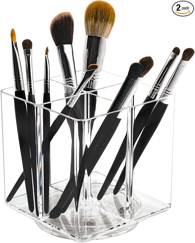 LiveGlow Clear Makeup Brush Holder,Acrylic Rotating 360°Makeup Brush Organizer,Pen holder with 4 Grids,Makeup Holder for Courtup,Containers for Desk,2pc