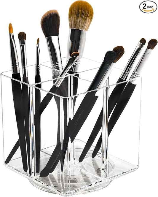 LiveGlow Clear Makeup Brush Holder,Acrylic Rotating 360°Makeup Brush Organizer,Pen holder with 4 Grids,Makeup Holder for Courtup,Containers for Desk,2pc