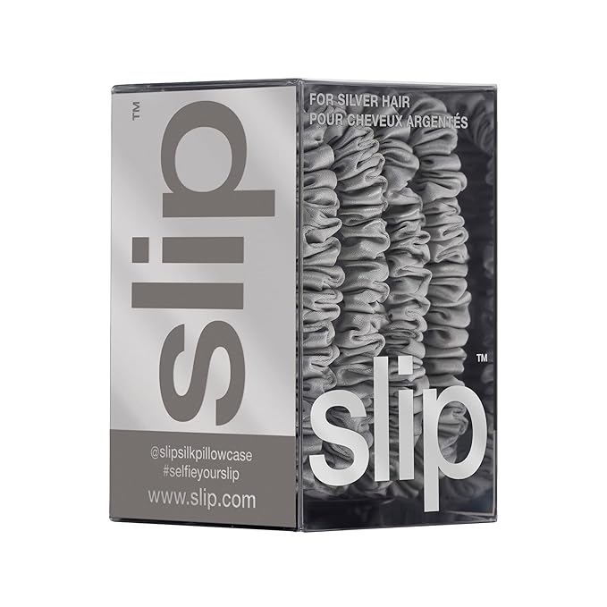 slip Silk Skinny Scrunchies - Silver | Set of 4 Skinny Scrunchies | 100% Mulberry Silk, Anti-Crease, Gentle on Hair, Reduces Breakage | Stylish & Durable, Ideal for All Hair Types