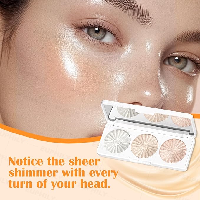 3 Colors Highlighter Makeup Palette, Face Highlight Makeup Contour Powder, Waterproof Long Lasting Glitter Face Illuminator Highlighter for Women, 01 Lunar Glow Trio