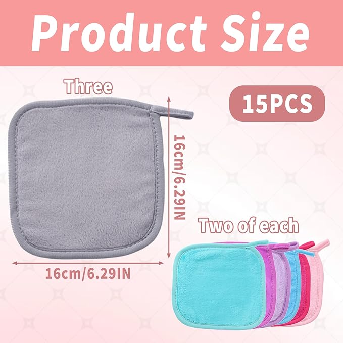 15 Pcs Makeup Remover Cloths, Reusable Makeup Remover Pads Towels, Soft Microfiber Face Washcloth, Cleansing Cloths for Women Men All Skin Daily & Travel Use