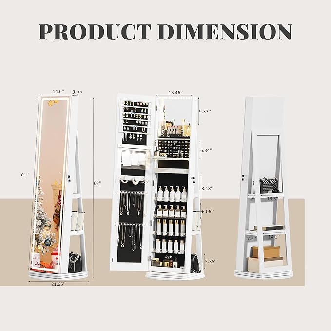 Mirror Jewelry Cabinet Standing, Jewelry Armoire with Full-Length LED Mirror and Adjustable Lights, 360° Swivel Jewelry Organizer Storage, White
