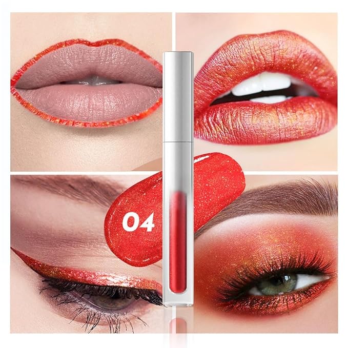 Hxssll Pearlescent Metallic Lip Gloss & Liquid Eyeshadow 2-in-1, Long Lasting Waterproof Glitter Lipstick, Shimmer Lip Color, High Pigment Metallic Glitter Eyeshadow Makeup for Women 04