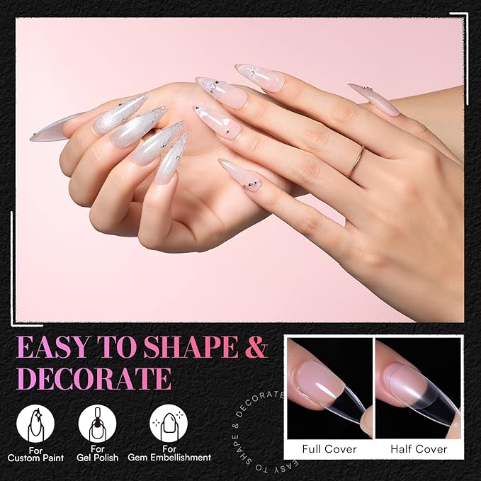 Makartt Long Stiletto Almond Nail Tips: Clear, 504 PCS, 15 Sizes, Half Matte, French Fake Nails Stiletto Shapes - Pre-Etched Full Cover Soft Acrylic Press On Nails Extension DIY Art Salon