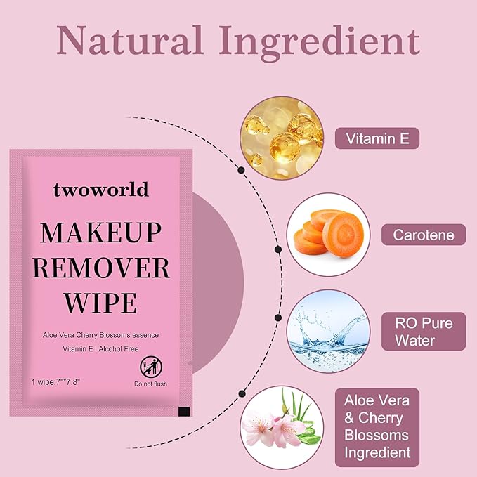Twoworld Makeup Remover Wipes Bulk Individually Wrapped,Travel Makeup Wipes Gentle for Face Cleansing Mascara Lipstick Travel Hotel(Aloe Vera & Cherry Blossoms,Pack of 50)
