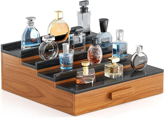 Solid Walnut Cologne Organizer for Men,4 Tier Cologne Stand Display Shelf with Hidden Storage and Drawer,Perfume Stand Organizer,Perfume Holder Great Gift for Men Father